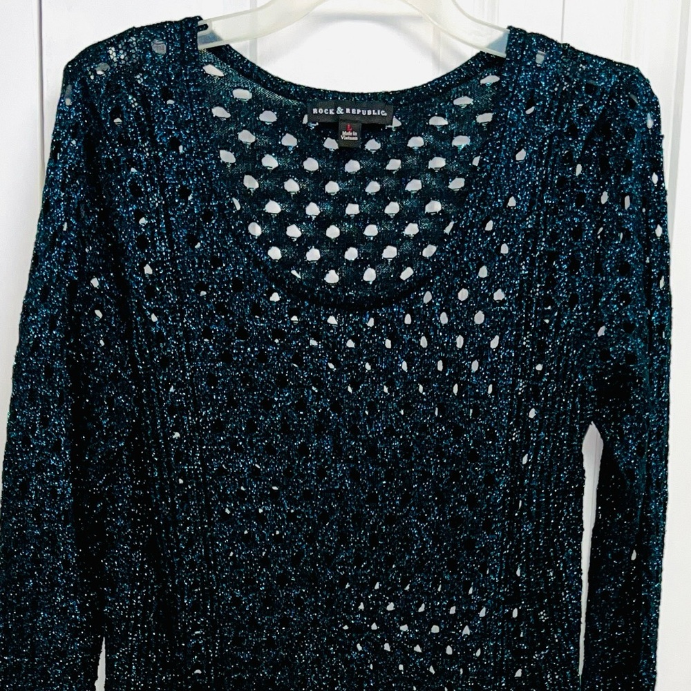 Rock & Republic Blue Shine High Low Knit Tunic Open Knit Sweater Size L